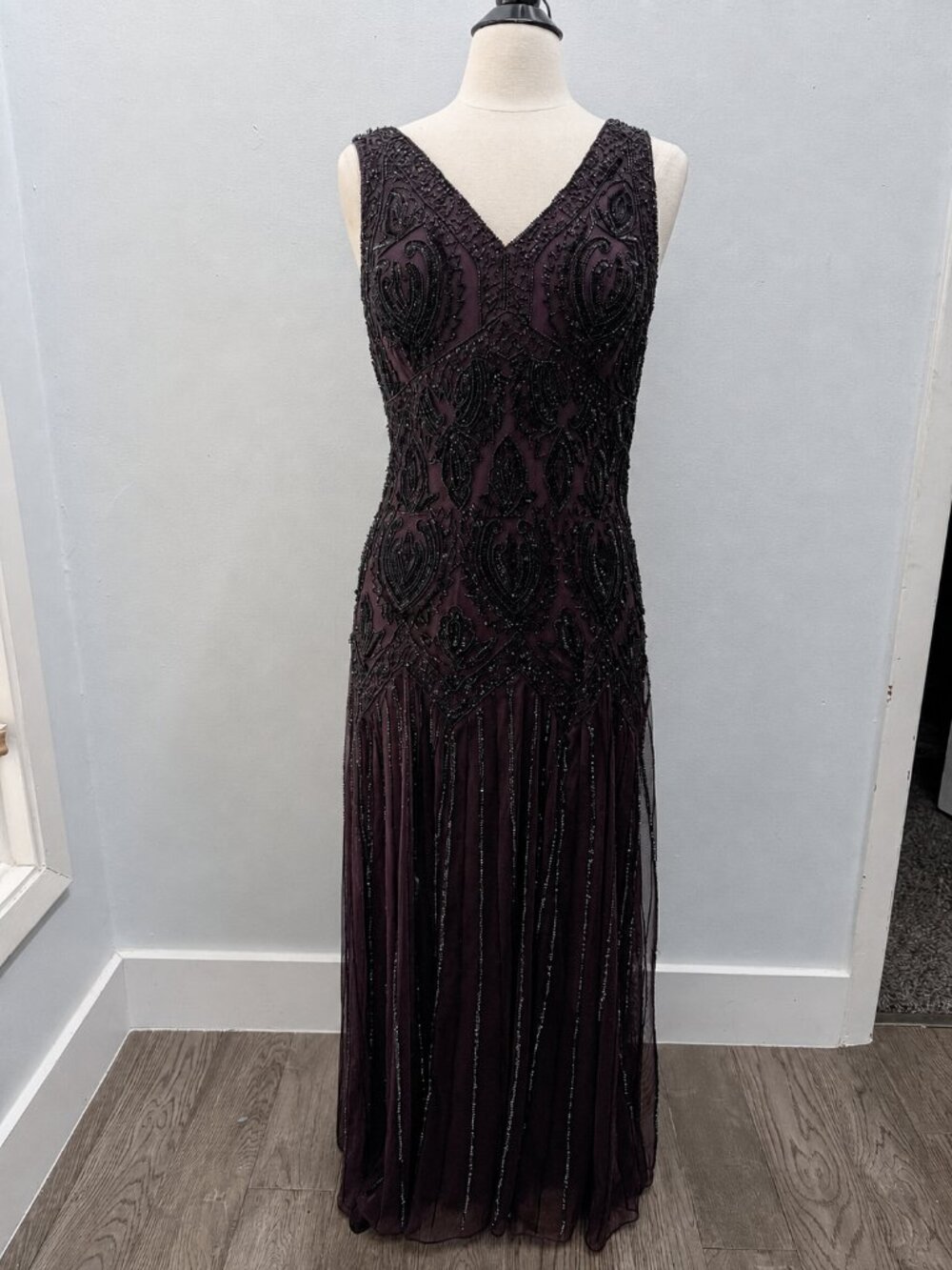 12P Plum Beaded Sequin Maxi Dress & Bolero Jacket Formal Flapper 20s Art Deco